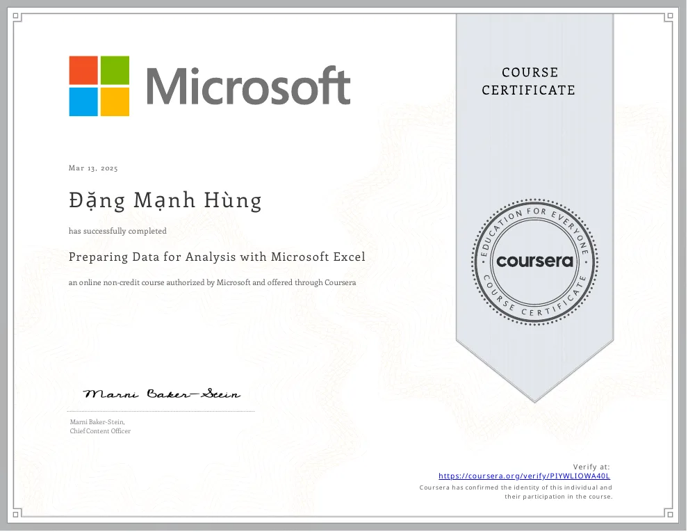 Excel certificate