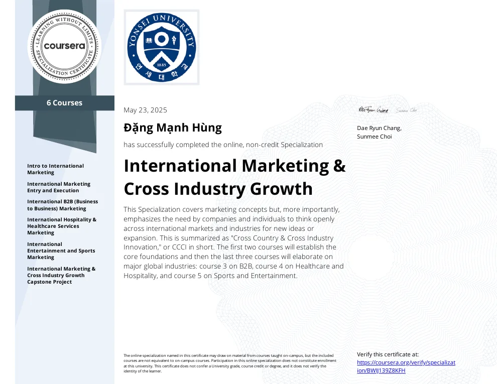 International Marketing certificate
