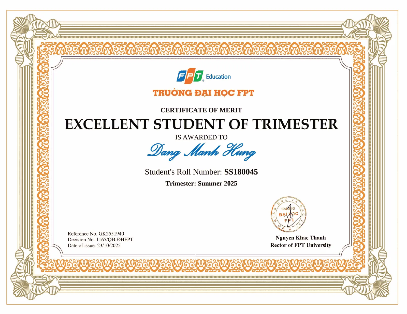Excellent Student certificate